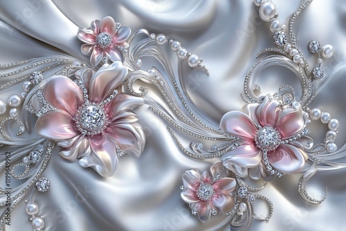 3D wallpaper with silver swirls and pink pearls