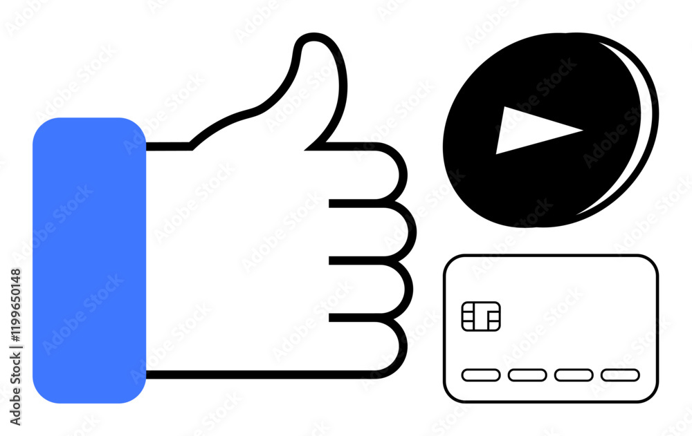 Thumbs up gesture, play button, and credit card symbolize approval, media consumption, and online transactions. Ideal for social media, e-commerce, digital marketing, online banking customer Thumbs up gesture, play button, and credit card symbolize approval, media consumption, and online transactions. Ideal for social media, e-commerce, digital marketing, online banking customer