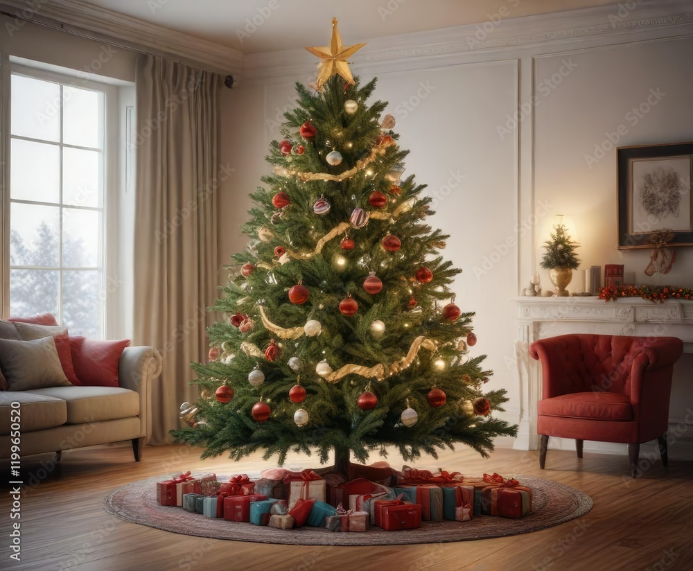 A wide-angle view of a decorated Christmas tree, sparkling embellishments, Christmas tree in a room, holiday decor A wide-angle view of a decorated Christmas tree, sparkling embellishments, Christmas tree in a room, holiday decor