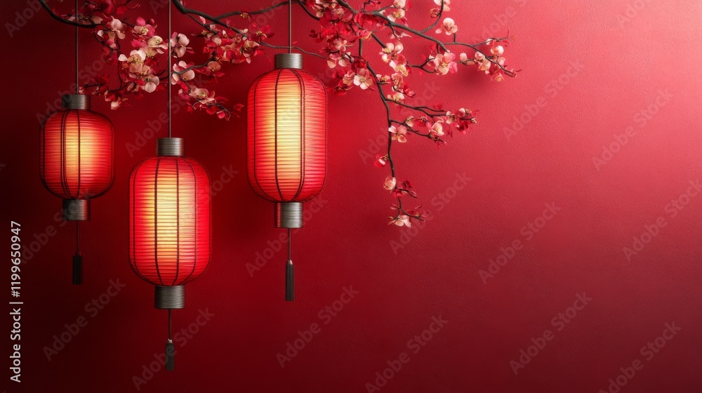Chinese New Years, Three red lanterns hanging from a branch Chinese New Years, Three red lanterns hanging from a branch