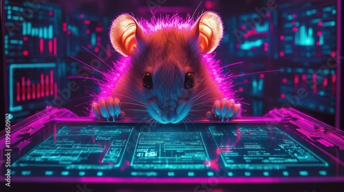 Close-up of a white rat undergoing behavioral testing in a lab, colorful charts and data screens in the background