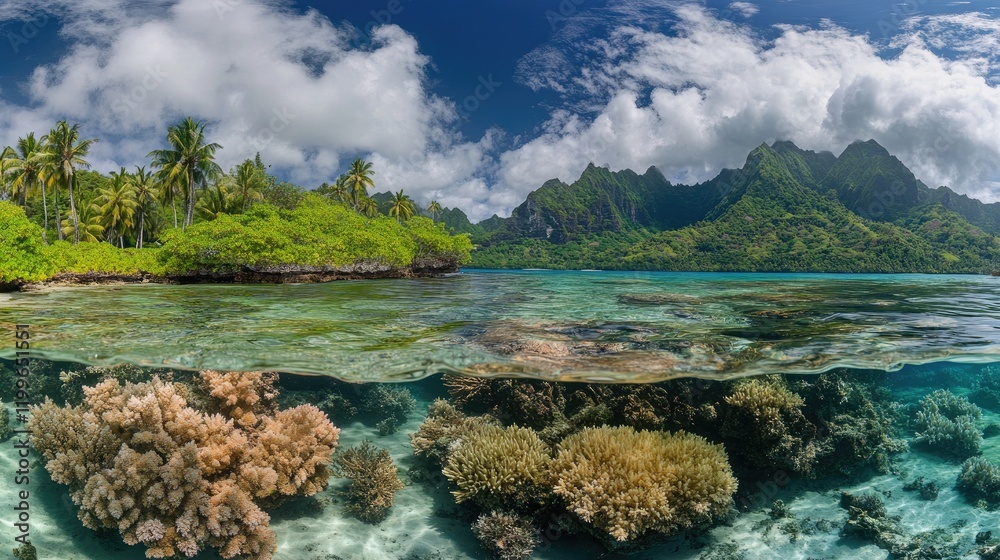 Naklejka premium Tropical Island Paradise with Lush Vegetation and Vibrant Coral Reef
