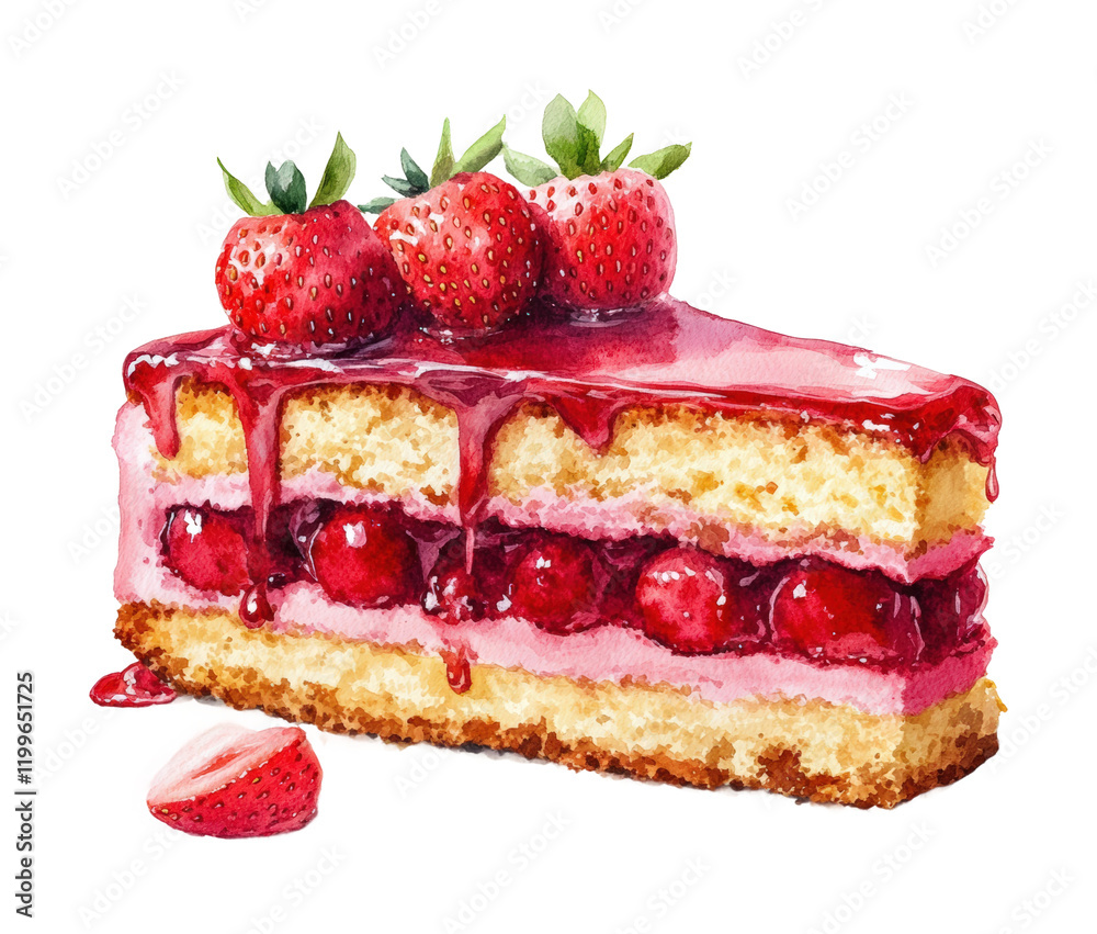 Delicious strawberry cake slice watercolor kitchen food sweet treat close-up culinary creativity isolated on transparent background png Delicious strawberry cake slice watercolor kitchen food sweet treat close-up culinary creativity isolated on transparent background png