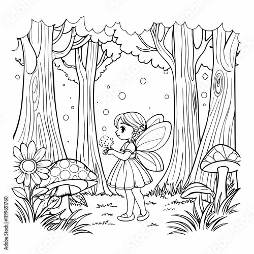 A fairy in a nighttime forest, catching glowing fireflies in a jar, illustration for coloring page vector