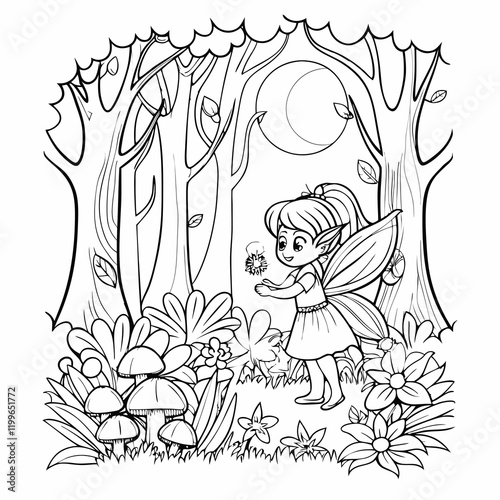 A fairy in a nighttime forest, catching glowing fireflies in a jar, illustration for coloring page vector