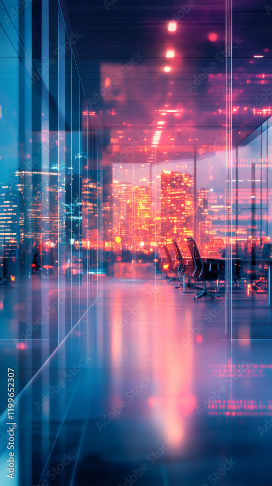 Fototapeta premium Empty office interior showcasing a stunning reflection of an illuminated cityscape at night, highlighting modern architectural design