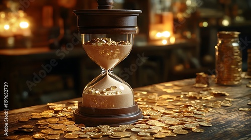 Treasure hunt timer vintage setting hourglass gold coins mystique
