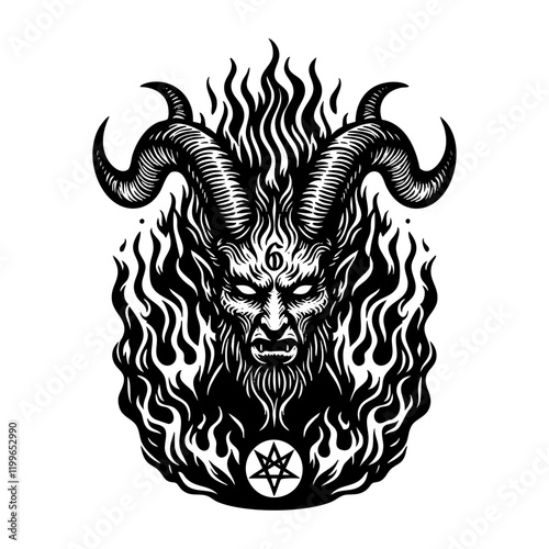 Satan with flame black and white outline. Scratch board imitation.  illustrated in vintage line art style on a white background.

