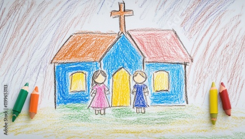 Child's crayon drawing of church and children.