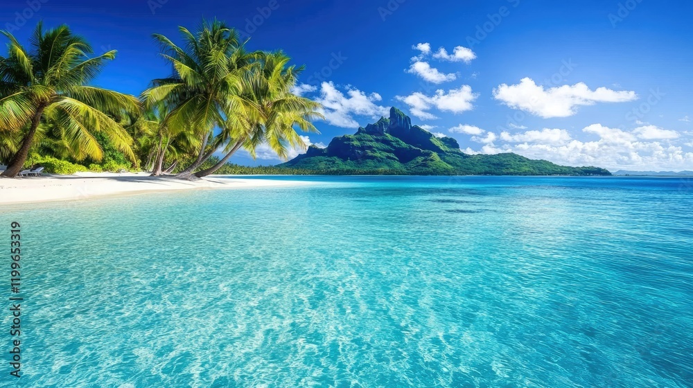 Fototapeta premium Tropical Beach Paradise with Lush Palm Trees and Mountain