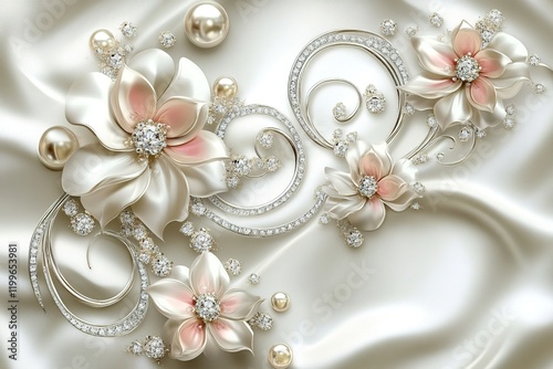 3D wallpaper with silver swirls and pink pearls