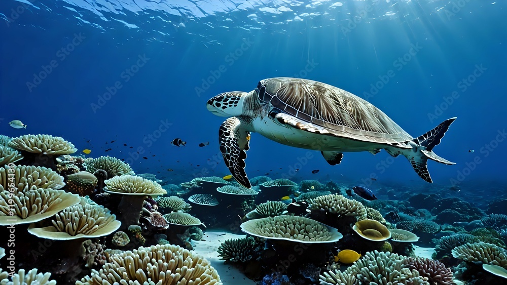 Fototapeta premium Vibrant underwater marine life with colorful coral reefs and diverse sea creatures. Ocean and biodiversity concept 