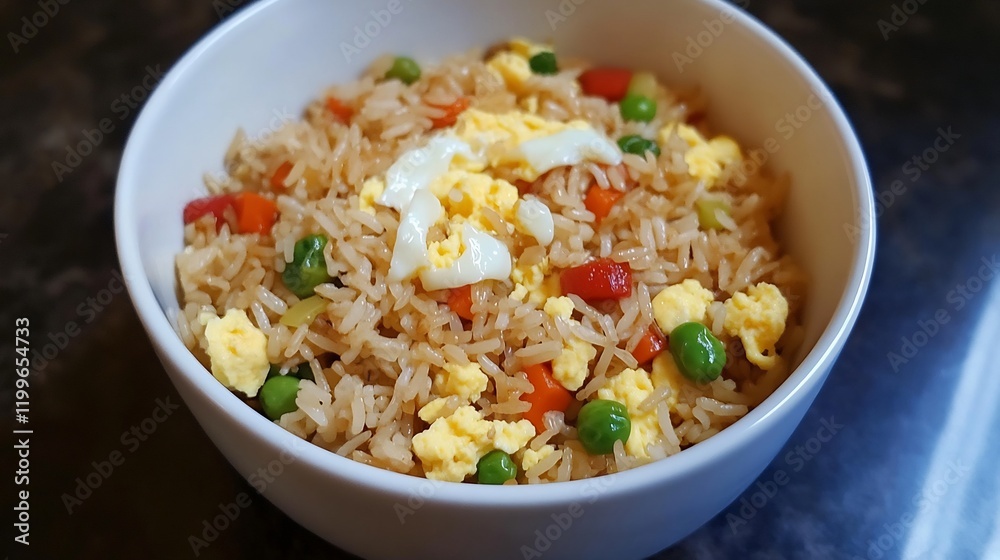 Bowl of Chinese egg fried rice seasoned perfectly soy sauce vegetable scrambled egg Bowl of Chinese egg fried rice seasoned perfectly soy sauce vegetable scrambled egg