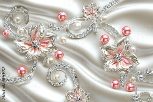3D wallpaper with silver swirls and pink pearls