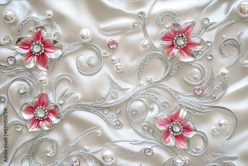 3D wallpaper with silver swirls and pink pearls