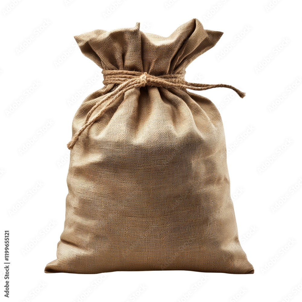 Simple Burlap Sack with Drawstring Closure Isolated on transparent background