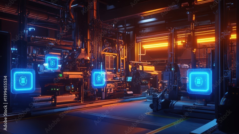 Fototapeta premium Neon-lit factory floor, security holograms in blue around sensitive machinery areas.