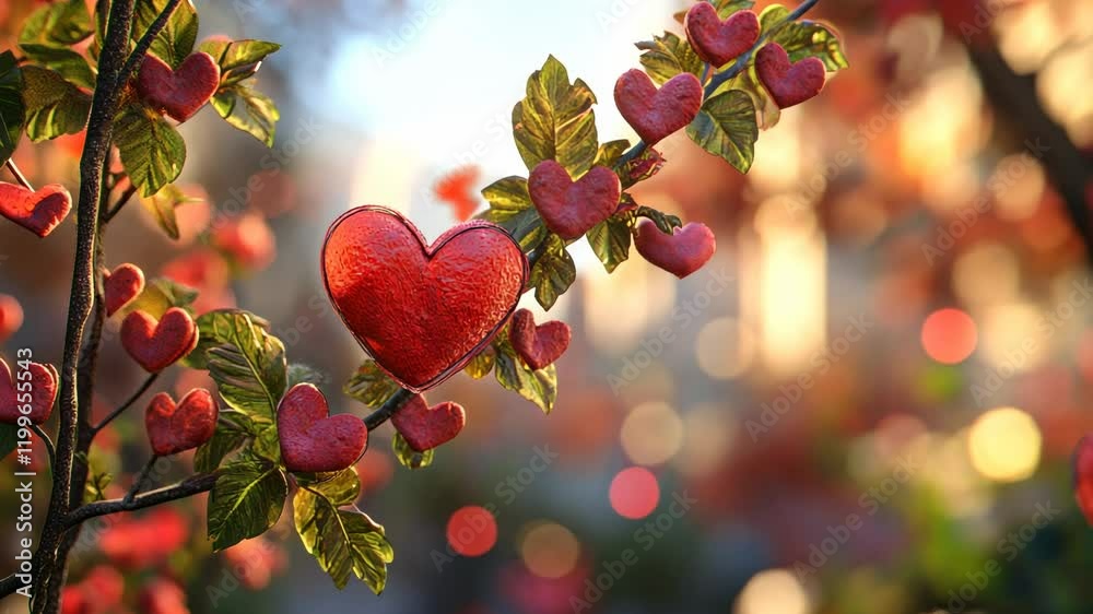 Heart-Shaped Ornaments on a Branch, hearts, love, romance, Valentine's Day, amor
