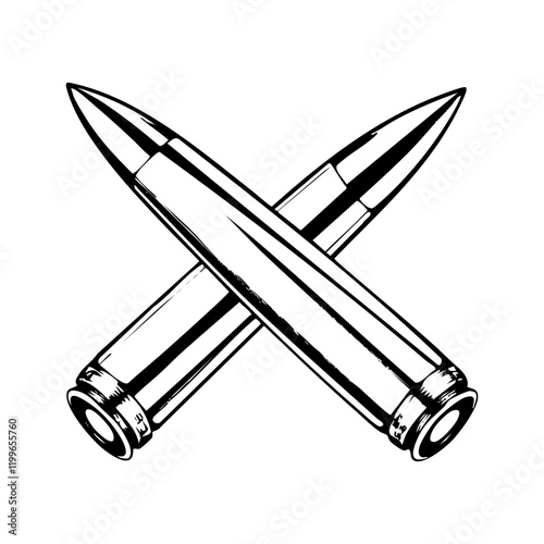 Two ammunitions crossed engraving black and white outline. Scratch board imitation.  illustrated in vintage line art style on a white background.
