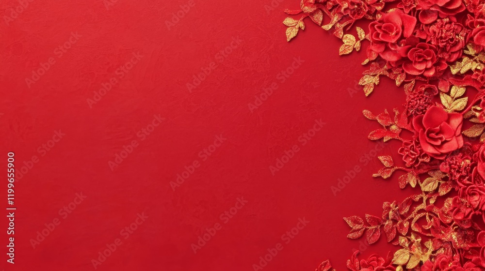 Chinese New Years, A red background with gold flowers and leaves Chinese New Years, A red background with gold flowers and leaves
