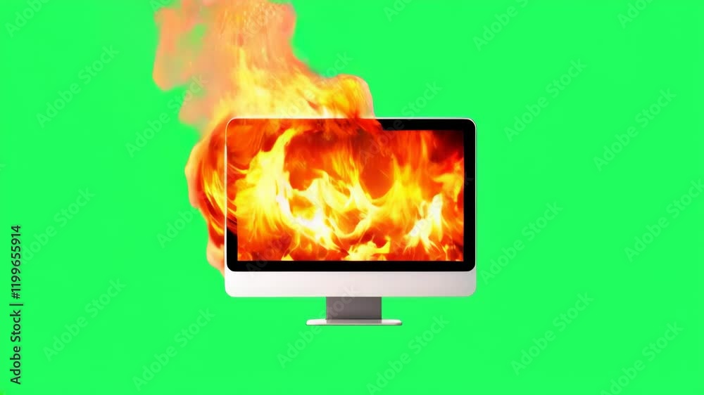 Burning computer screen with green wallpaper, digital inferno, system failure, technology meltdown, fiery explosion. Symbolizes risk, danger, malfunction, urgency, and chaos.