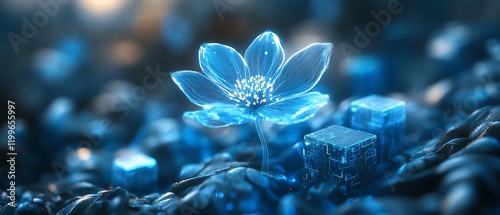 Digital garden with a luminous flower blooming from blue cubes, vibrant light, futuristic atmosphere, and organictech harmony in digital art photo