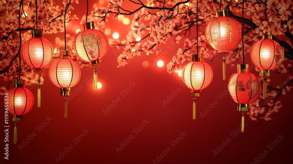 Chinese New Years, A red background with many red lanterns hanging from a tree Chinese New Years, A red background with many red lanterns hanging from a tree