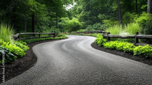 A horseshoeshaped gravel driveway surrounded by native plants and framed by rustic wooden fencing