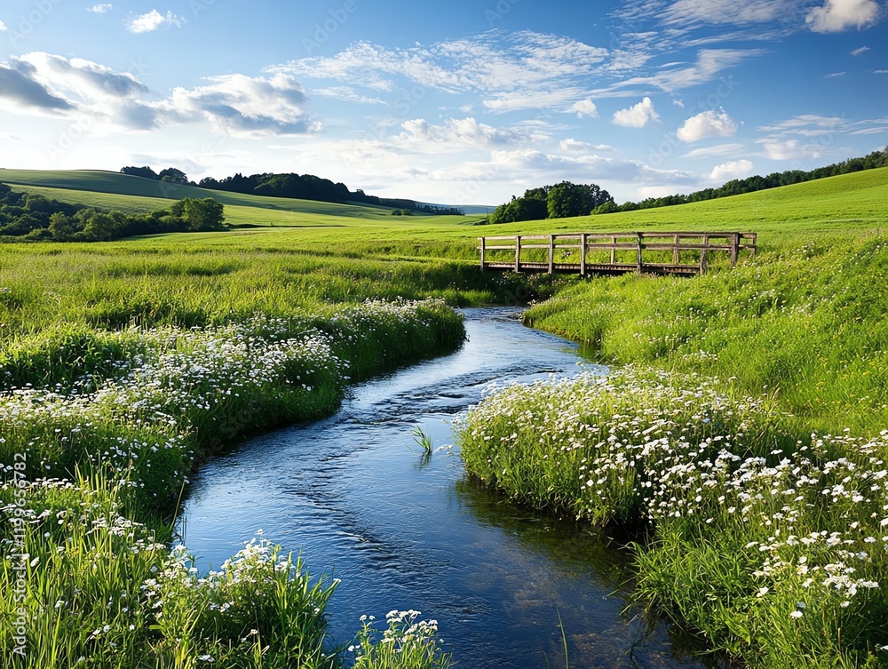 A rural landscape with a small stream running through wildflower meadows and a wooden footbridge, highlighting natural harmony A rural landscape with a small stream running through wildflower meadows and a wooden footbridge, highlighting natural harmony