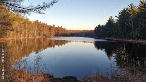 Tranquil lake reflecting autumnal trees and sky