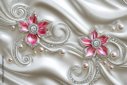 3D wallpaper with silver swirls and pink pearls