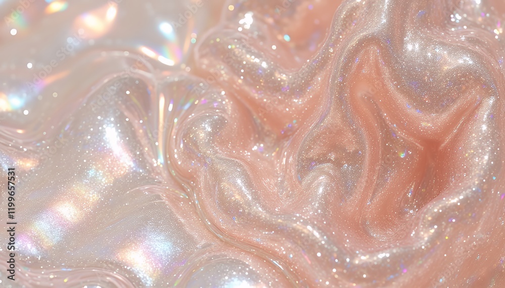 Obraz premium Silky Smooth Skincare and Cosmetic Textures: A High-Quality Close-up of Cream, Lotion, Gel, Serum, Balm, and More, Showcasing Iridescent and Glittery Pink and Peach Hues