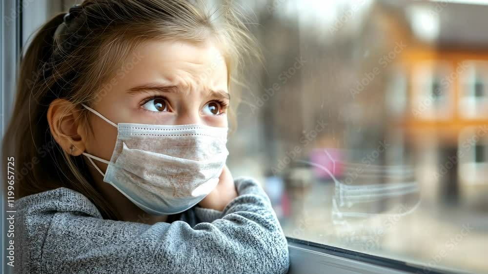 Sad Girl in Face Mask Looking Out Window, child, kid, children, young, female Sad Girl in Face Mask Looking Out Window, child, kid, children, young, female