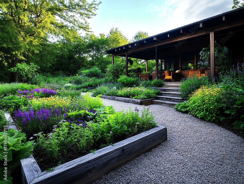 Fototapeta premium Charming country garden with raised flower beds, gravel walkways, and a vintage wooden pergola