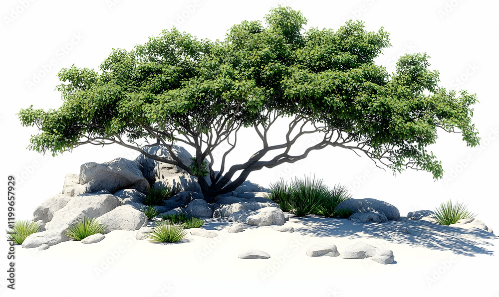 Coastal tree rocks sunlit background cutout Coastal tree rocks sunlit background cutout