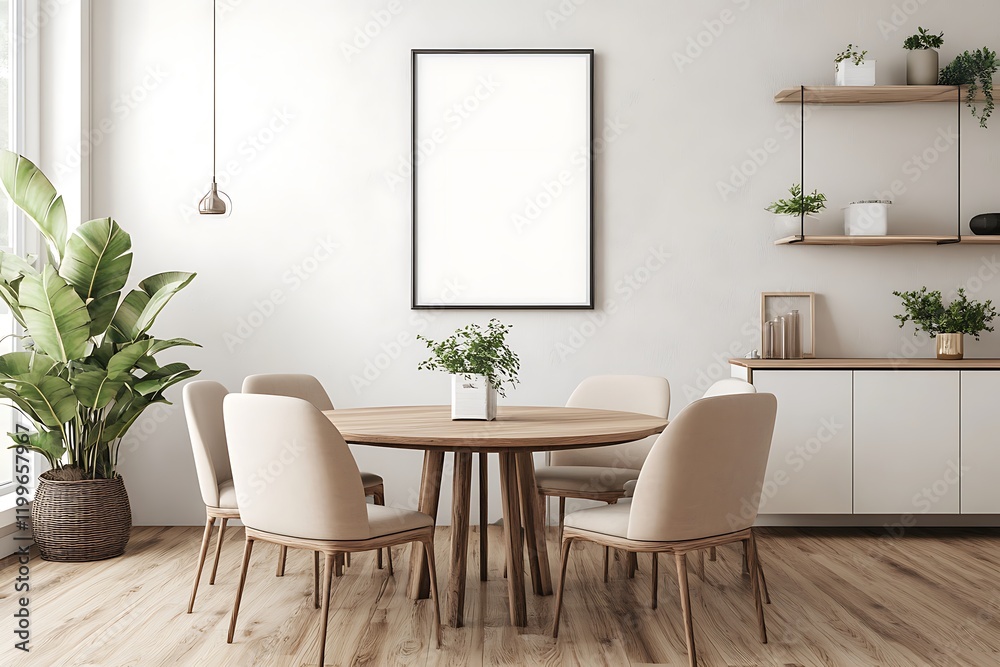 Modern Dining Area with Blank Frame, Perfect for Mockups Modern Dining Area with Blank Frame, Perfect for Mockups
