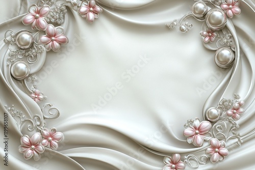 3D wallpaper with silver swirls and pink pearls