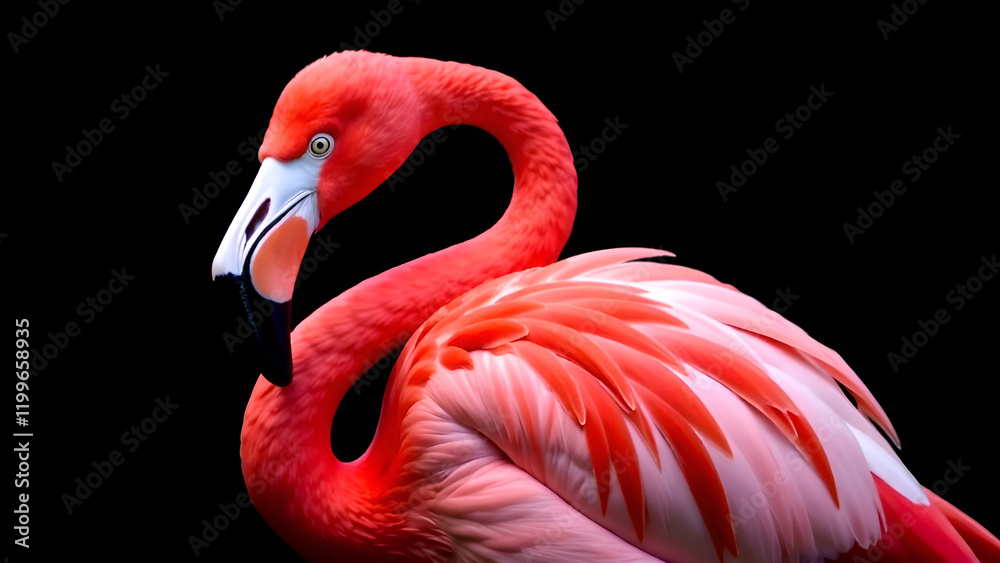 This is a detailed closeup of a beautiful flamingo perched elegantly against a dark black background, showcasing its vibrant features