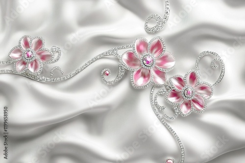 3D wallpaper with silver swirls and pink pearls