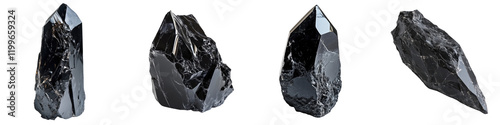 Obsidian shard – A sharp, glass-like volcanic rock formed from the rapid cooling of lava. Isolated on Clear White Background Highly Detailed 