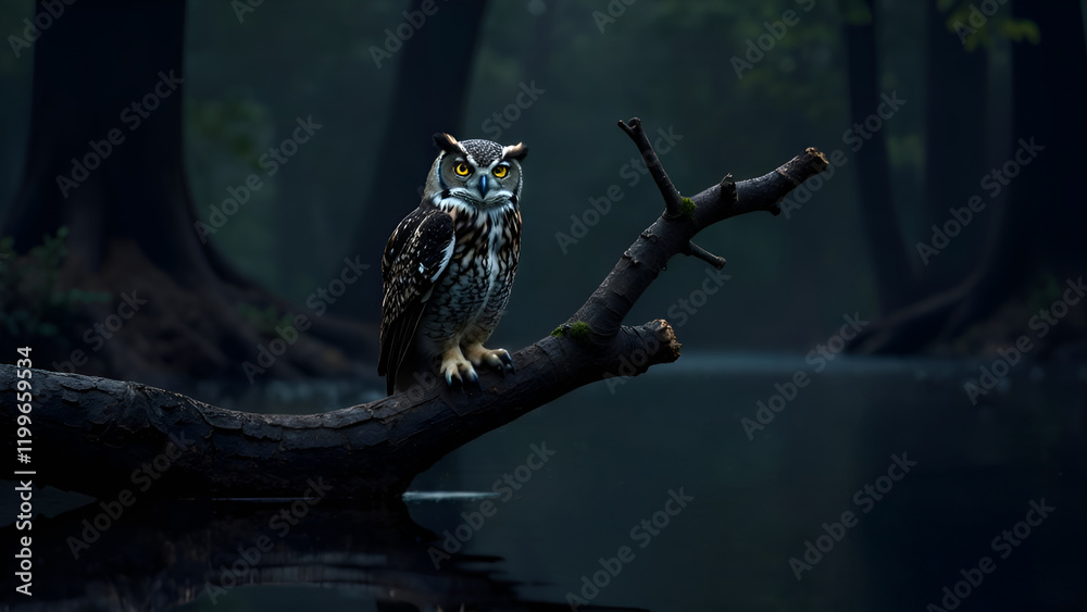 An owl is gracefully perched on a sturdy tree branch, intently overlooking a tranquil body of water nearby, observing its surroundings closely