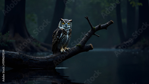 Obraz na płótnie An owl is gracefully perched on a sturdy tree branch, intently overlooking a tranquil body of water nearby, observing its surroundings closely w salonie