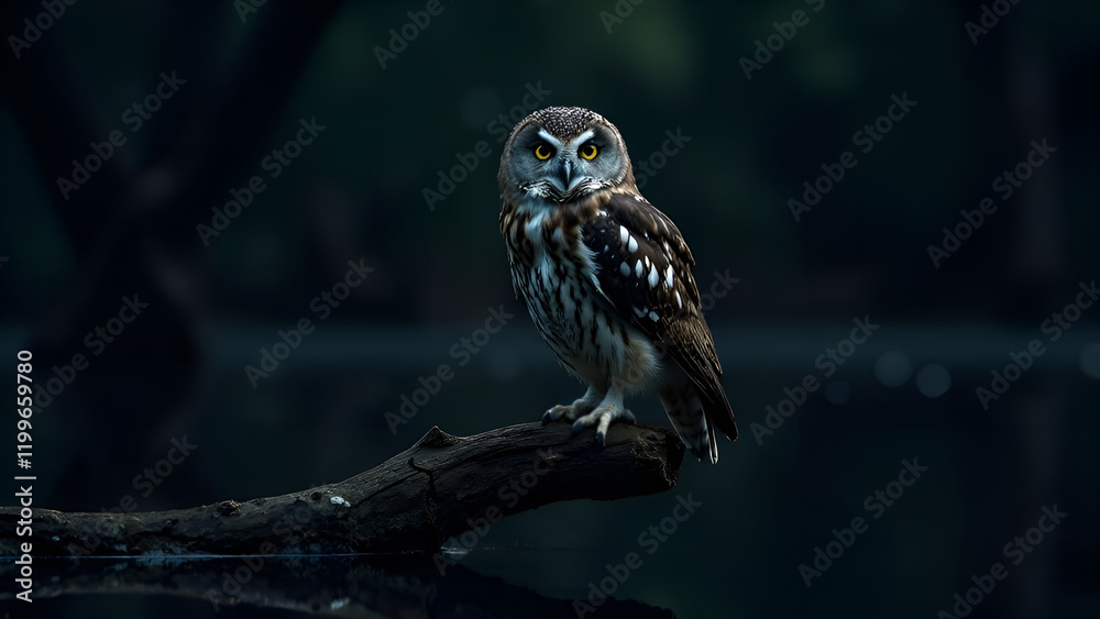An owl is gracefully perched on a sturdy tree branch, intently overlooking a tranquil body of water nearby, observing its surroundings closely