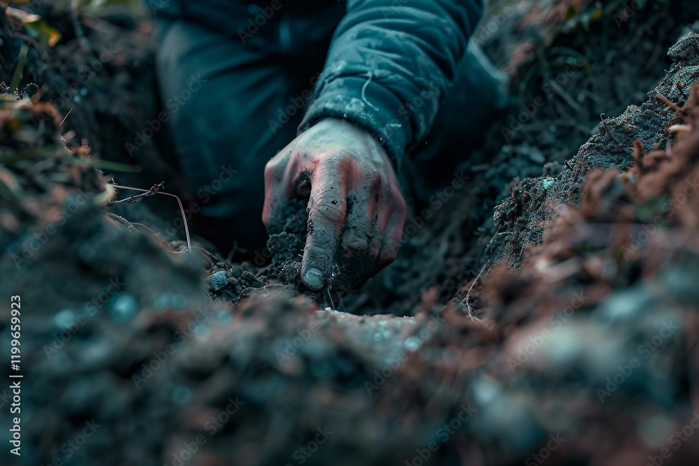 Grim Scene of Serial Killer Burying Evidence in Isolated Woodland Generative AI Grim Scene of Serial Killer Burying Evidence in Isolated Woodland Generative AI