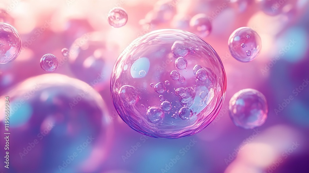 A close-up of pink and purple bubbles floating in the air, against an abstract background with soft lighting.