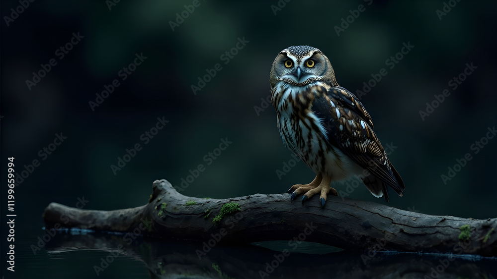 An owl is gracefully perched on a sturdy tree branch, intently overlooking a tranquil body of water nearby, observing its surroundings closely