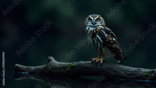 Obraz na płótnie An owl is gracefully perched on a sturdy tree branch, intently overlooking a tranquil body of water nearby, observing its surroundings closely w salonie