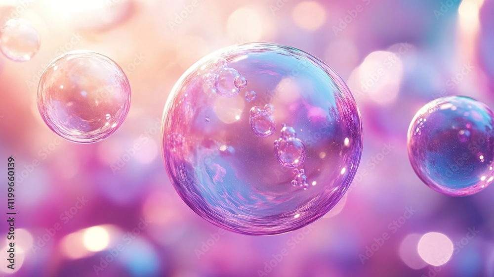 A close-up of pink and purple bubbles floating in the air, against an abstract background with soft lighting. A close-up of pink and purple bubbles floating in the air, against an abstract background with soft lighting.