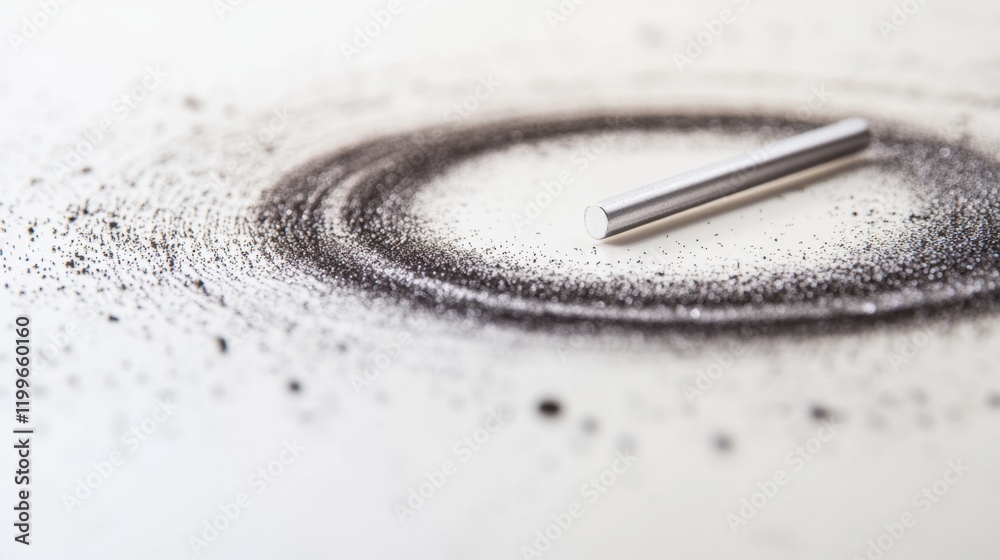 Iron filings forming circular patterns around a bar magnet on white surface, illustrating magnetic field lines and scientific principles of magnetism.