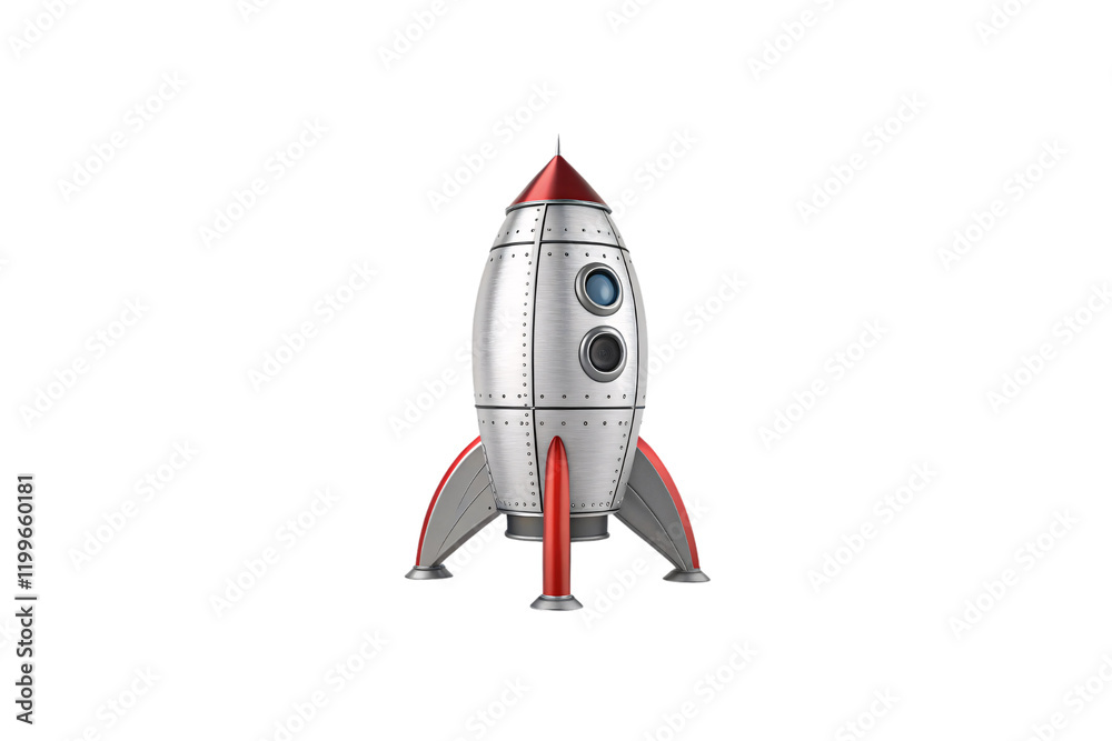 A cartoonish silver rocket with red accents, featuring a classic design reminiscent of vintage sci-fi adventures. Isolated on a transparent background A cartoonish silver rocket with red accents, featuring a classic design reminiscent of vintage sci-fi adventures. Isolated on a transparent background
